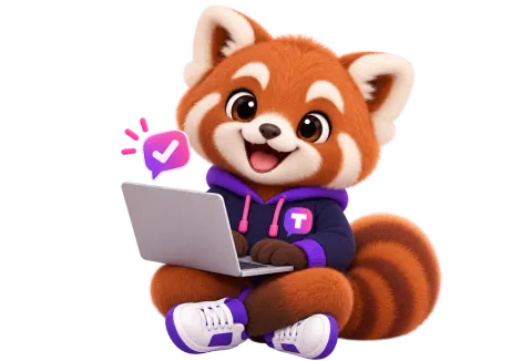 Tilly the red panda setting up widgets on a laptop